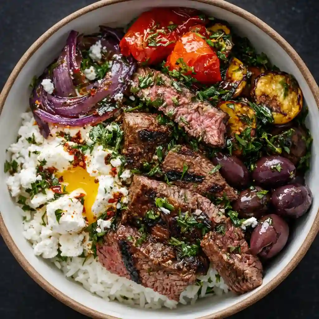 Close-up of juicy sirloin steaks sliced for a Mediterranean Steak Bowl Recipe with herbs and olive oil