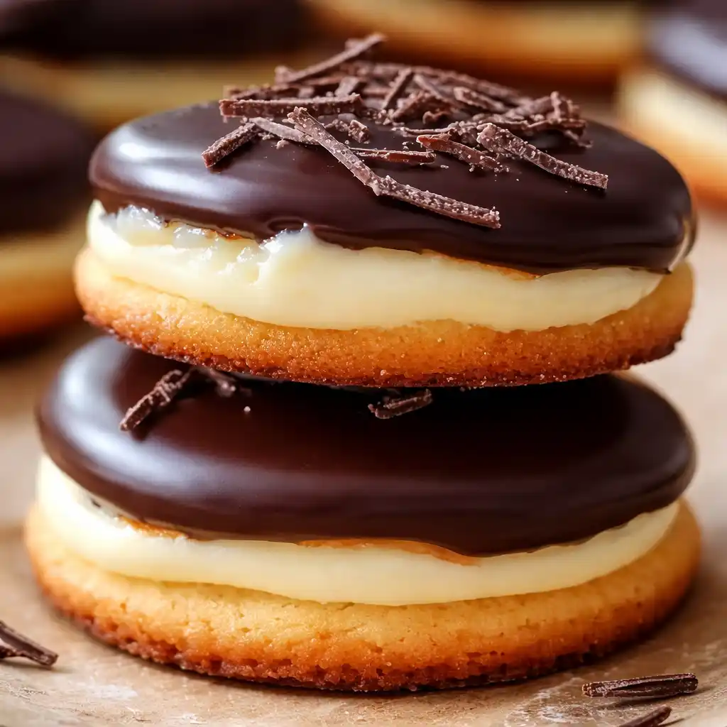 Melt-in-your-mouth Boston cream pie cookies with vanilla cream and chocolate topping