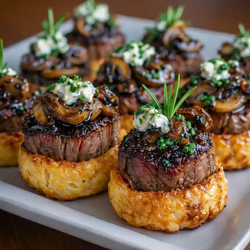 Mini Beef Wellington Bites with flaky puff pastry, tender beef, and mushroom filling on a white marble background