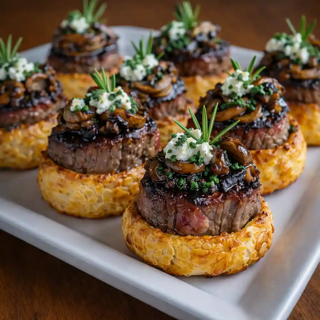Mini Beef Wellington Bites with flaky puff pastry, tender beef, and mushroom filling on a white marble background
