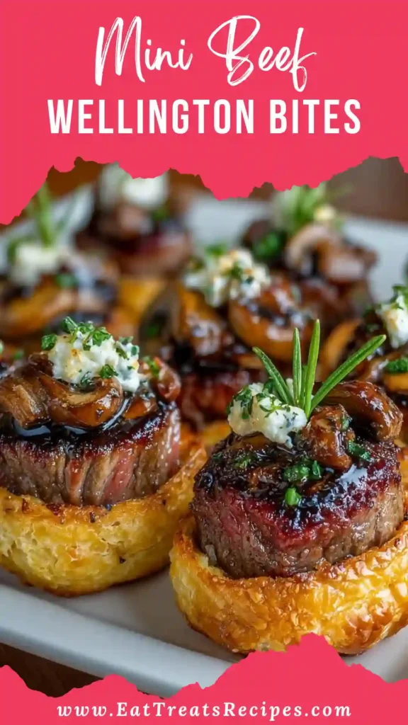 Mini Beef Wellington Bites with flaky puff pastry, tender beef, and mushroom filling on a white marble background