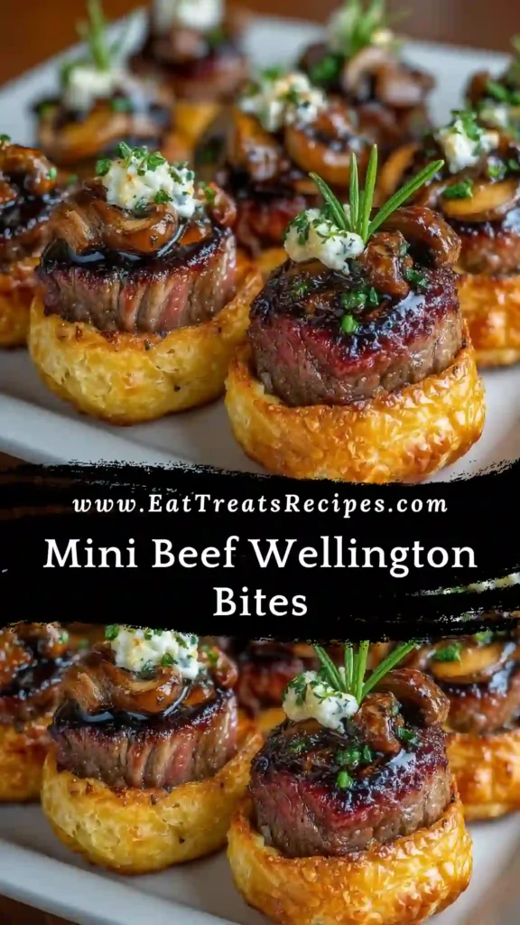 Mini Beef Wellington Bites with flaky puff pastry, tender beef, and mushroom filling on a white marble background