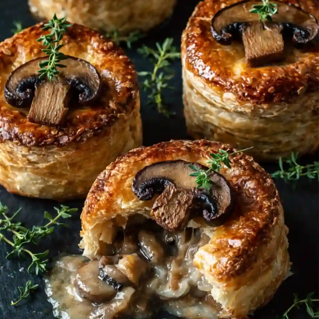 Mini Mushroom and Gruyère Pot Pies with Thyme served on white marble with golden flaky crust