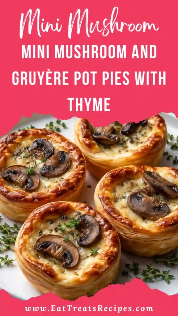 Mini Mushroom and Gruyère Pot Pies with Thyme served on white marble with golden flaky crust
