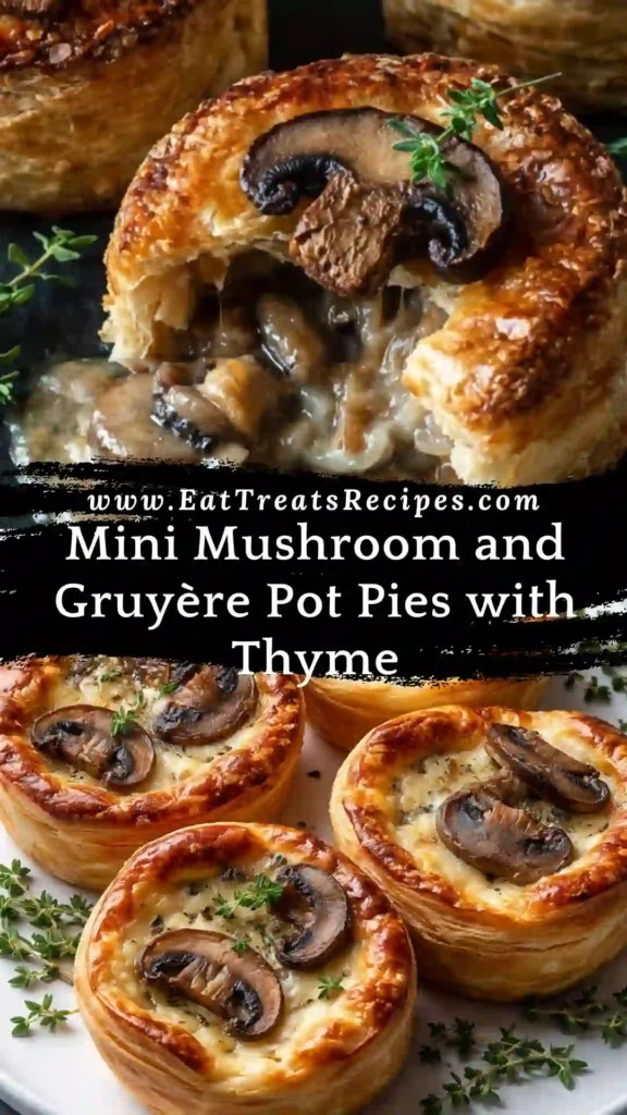 Mini Mushroom and Gruyère Pot Pies with Thyme served on white marble with golden flaky crust