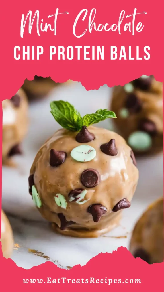 Mint Chocolate Chip Protein Balls with chocolate chips and creamy texture on a white marble background