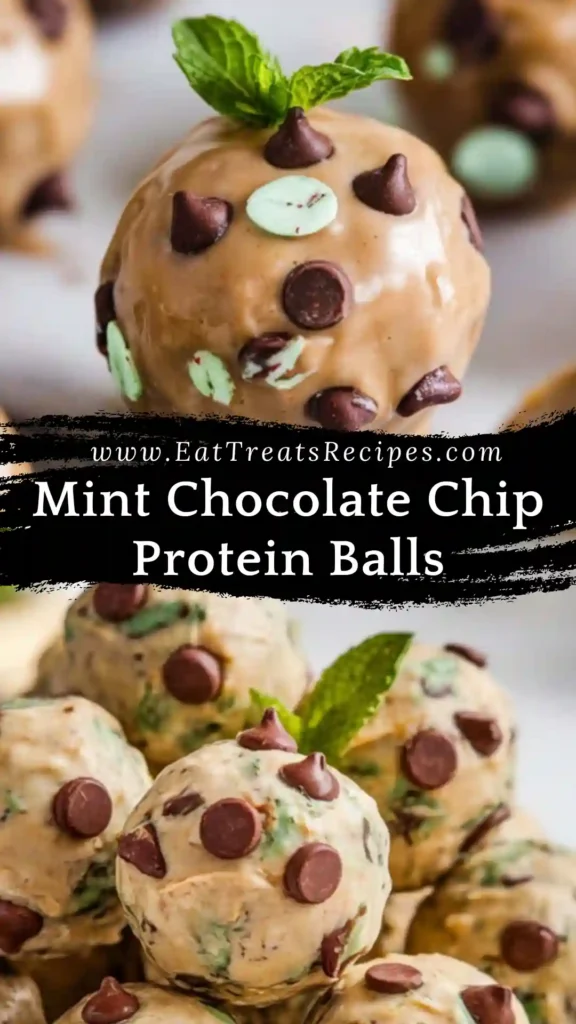 Mint Chocolate Chip Protein Balls with chocolate chips and creamy texture on a white marble background