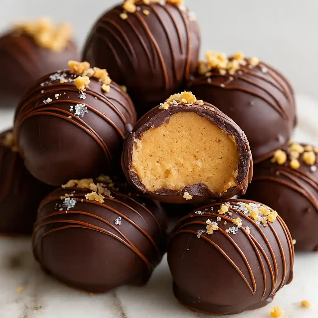 No-Bake Peanut Butter Cheesecake Balls coated in chocolate on white marble