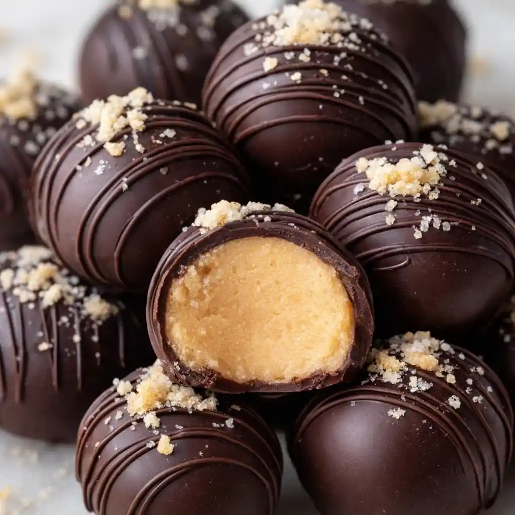 No-Bake Peanut Butter Cheesecake Balls coated in chocolate on white marble