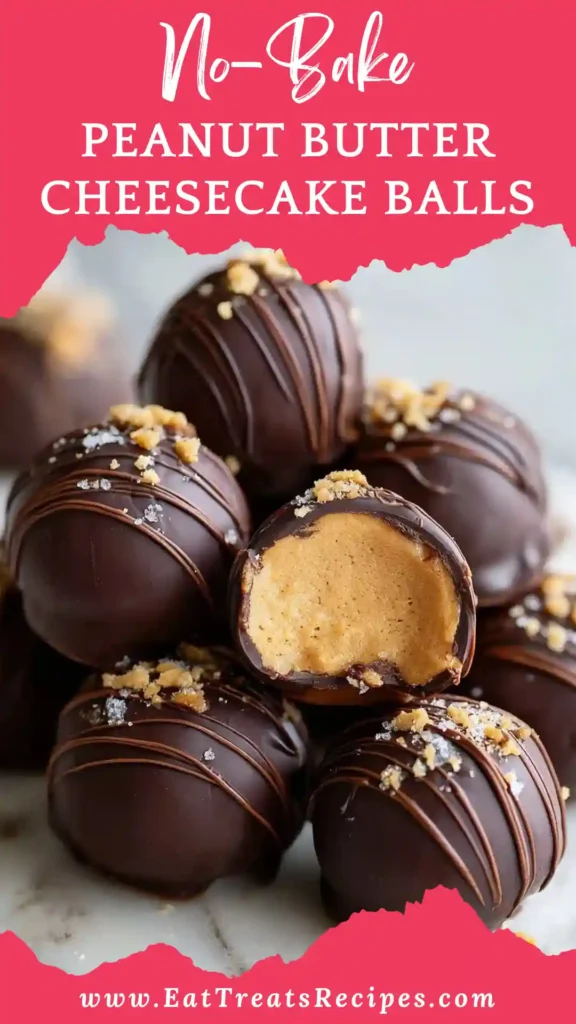 No-Bake Peanut Butter Cheesecake Balls coated in chocolate on white marble