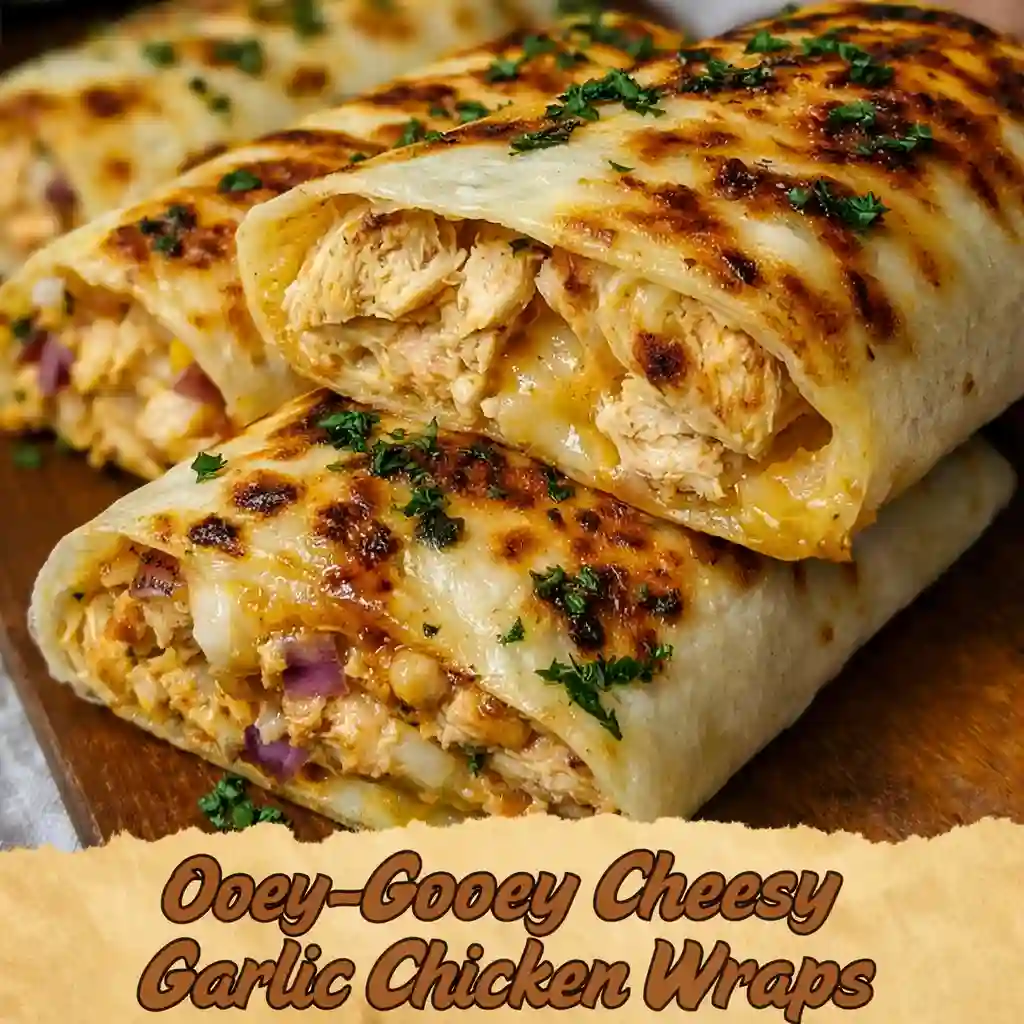 Ooey-gooey cheesy garlic chicken wraps cut in half with melted cheese