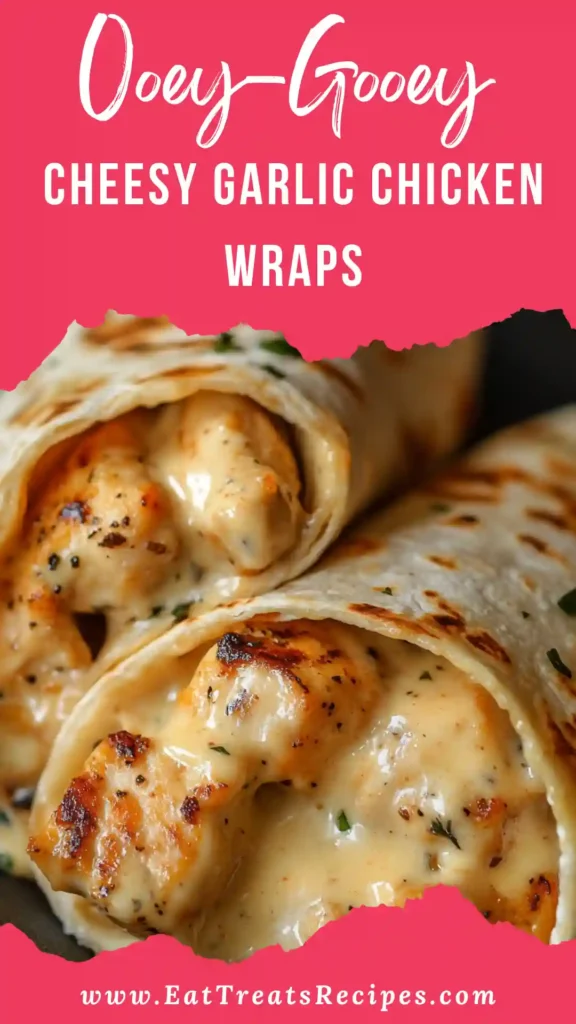 Ooey-gooey cheesy garlic chicken wraps cut in half with melted cheese