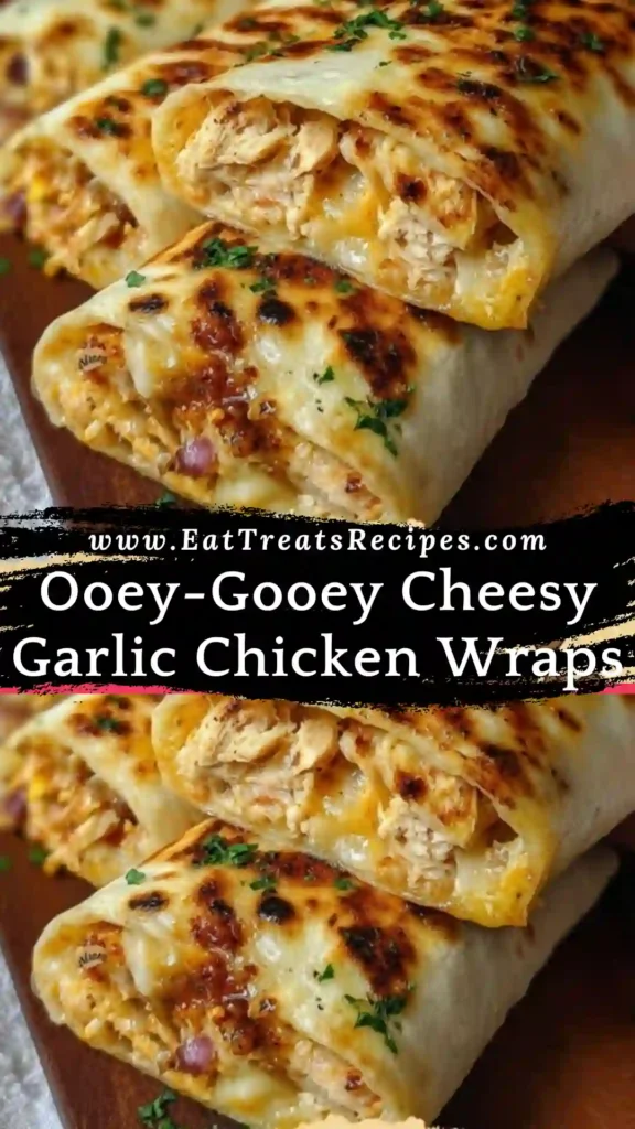 Ooey-gooey cheesy garlic chicken wraps cut in half with melted cheese