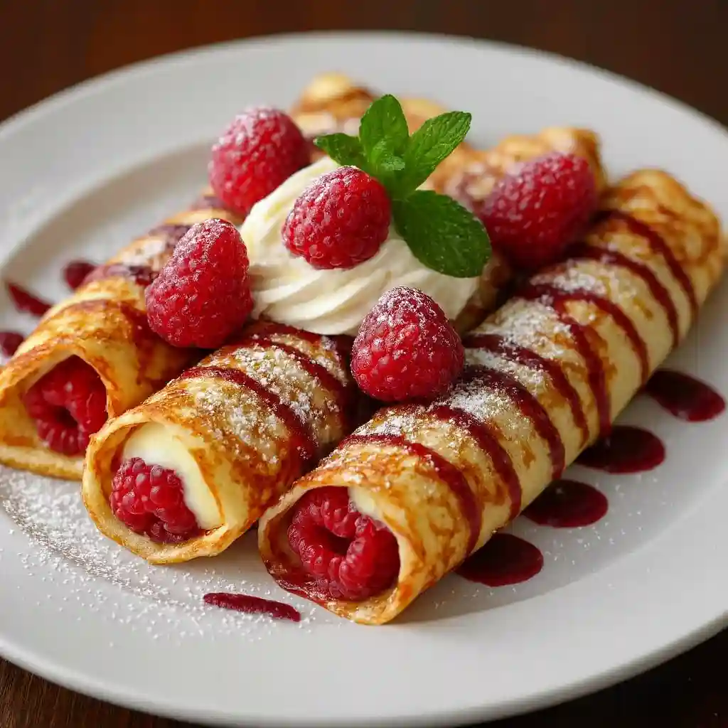 Raspberry Vanilla Cream Crepes served on a white marble plate