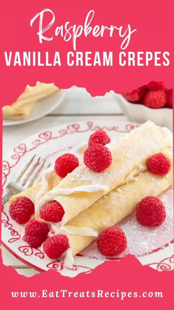 Raspberry Vanilla Cream Crepes served on a white marble plate