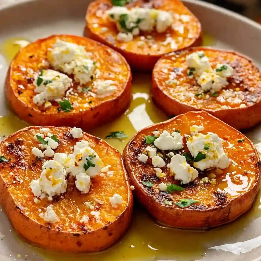 Roasted sweet potato rounds with honey feta and thyme cozy fall dish