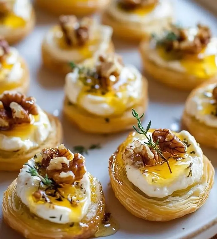 Simple puff pastry bites with fresh cheese topped with honey and walnuts