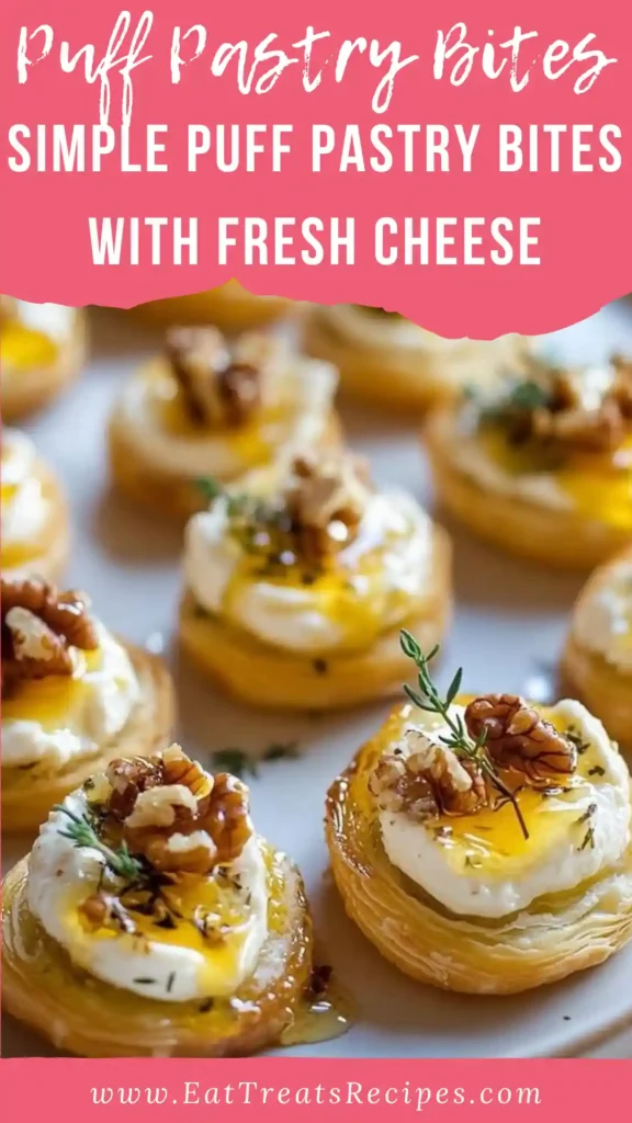 Simple puff pastry bites with fresh cheese topped with honey and walnuts