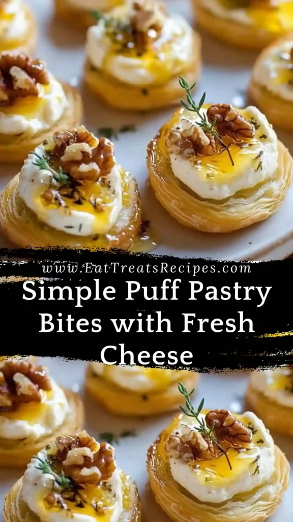Simple puff pastry bites with fresh cheese topped with honey and walnuts