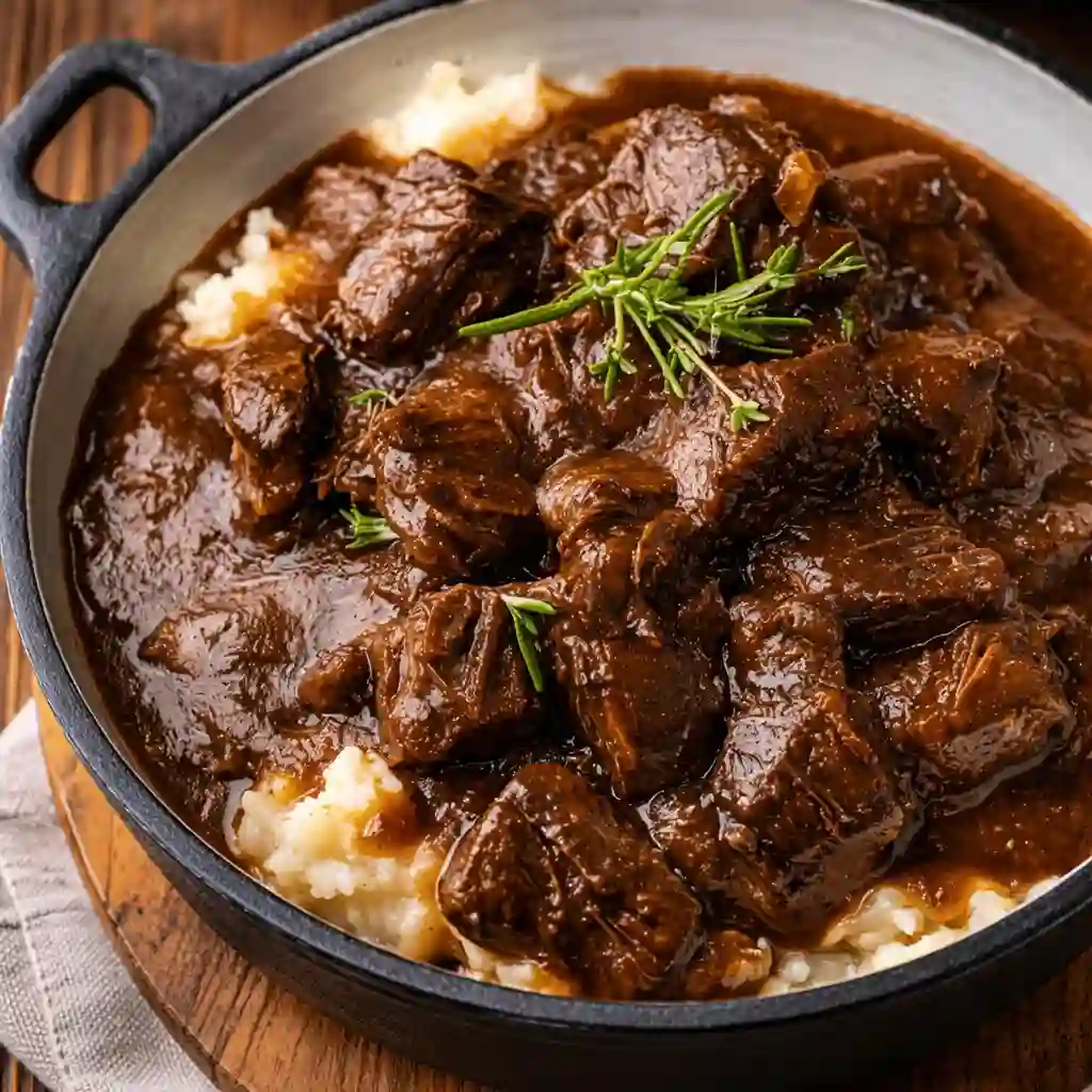 Slow Cooker Beef Manhattan served with rich gravy