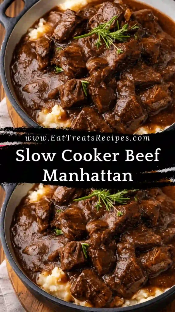 Slow Cooker Beef Manhattan served with rich gravy