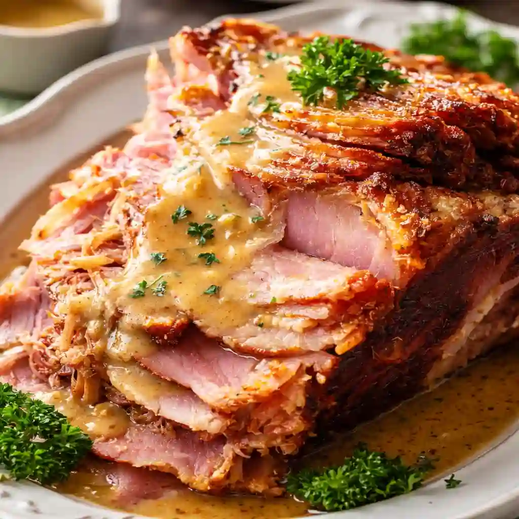 Slowcooker creamy mustard pulled ham tender and cozy comfort food