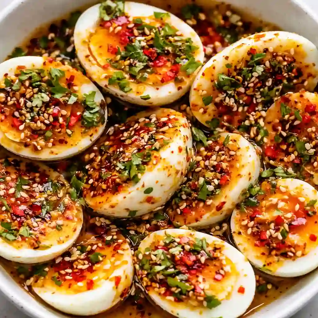 Spicy Chili Garlic Deviled Eggs served on white marble with creamy filling and bold chili garlic flavor
