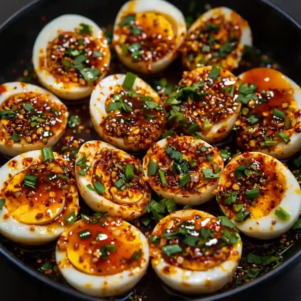 Spicy Chili Garlic Deviled Eggs served on white marble with creamy filling and bold chili garlic flavor