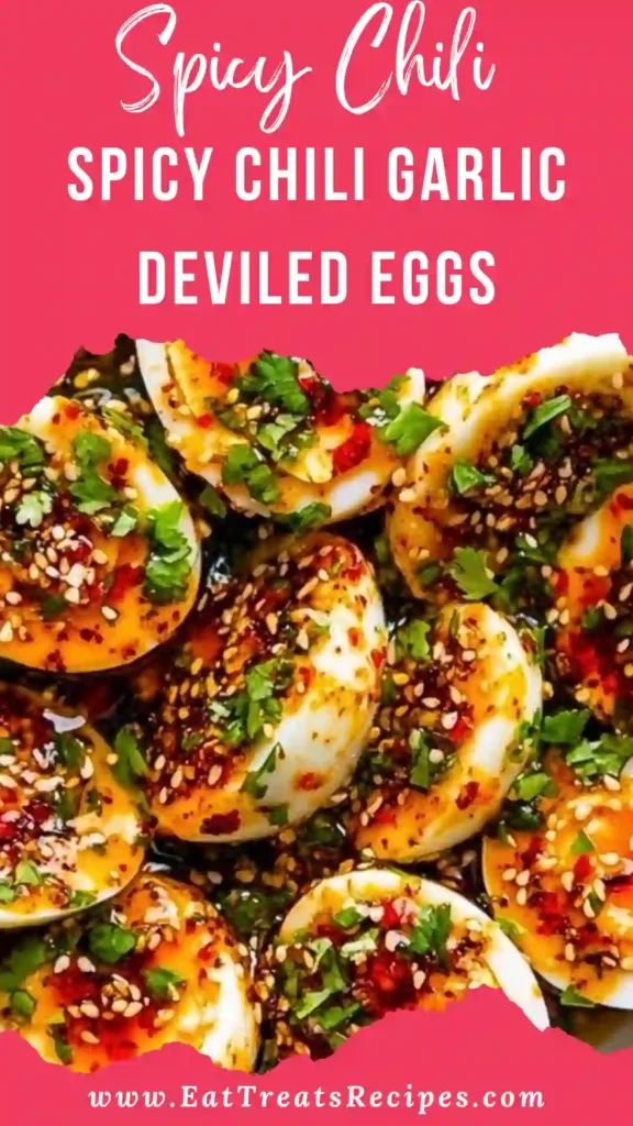 Spicy Chili Garlic Deviled Eggs served on white marble with creamy filling and bold chili garlic flavor