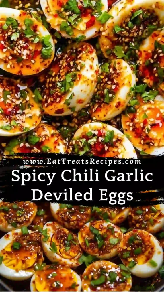 Spicy Chili Garlic Deviled Eggs served on white marble with creamy filling and bold chili garlic flavor
