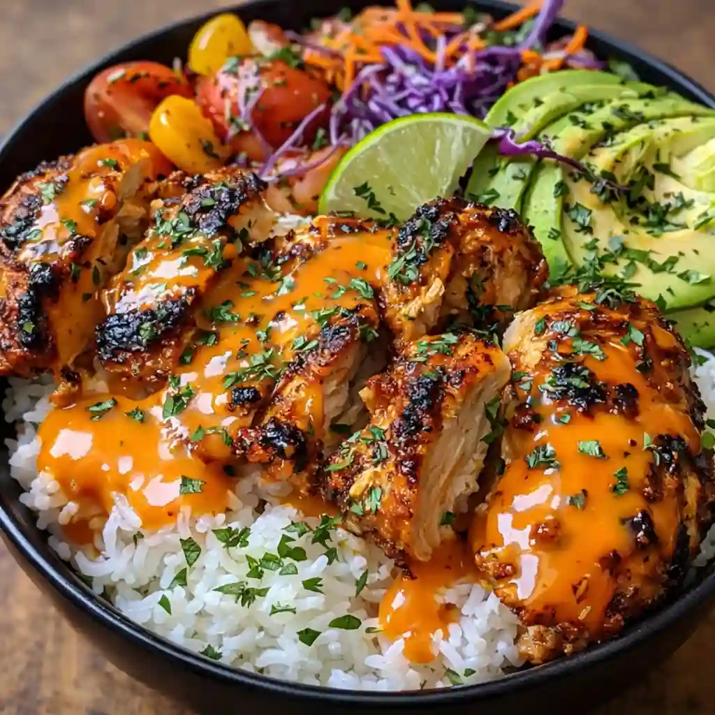 Spicy maple chicken and coconut rice cozy dinner bowl