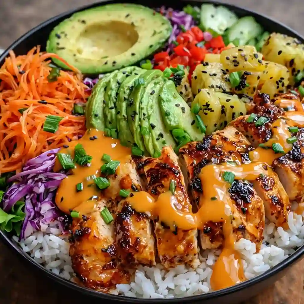Spicy maple chicken and coconut rice cozy dinner bowl