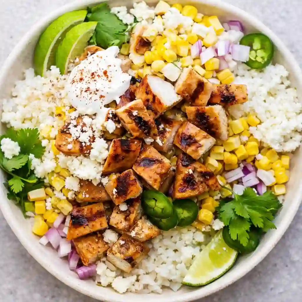 Street Corn Chicken and Rice Bowls served on white marble with creamy corn topping