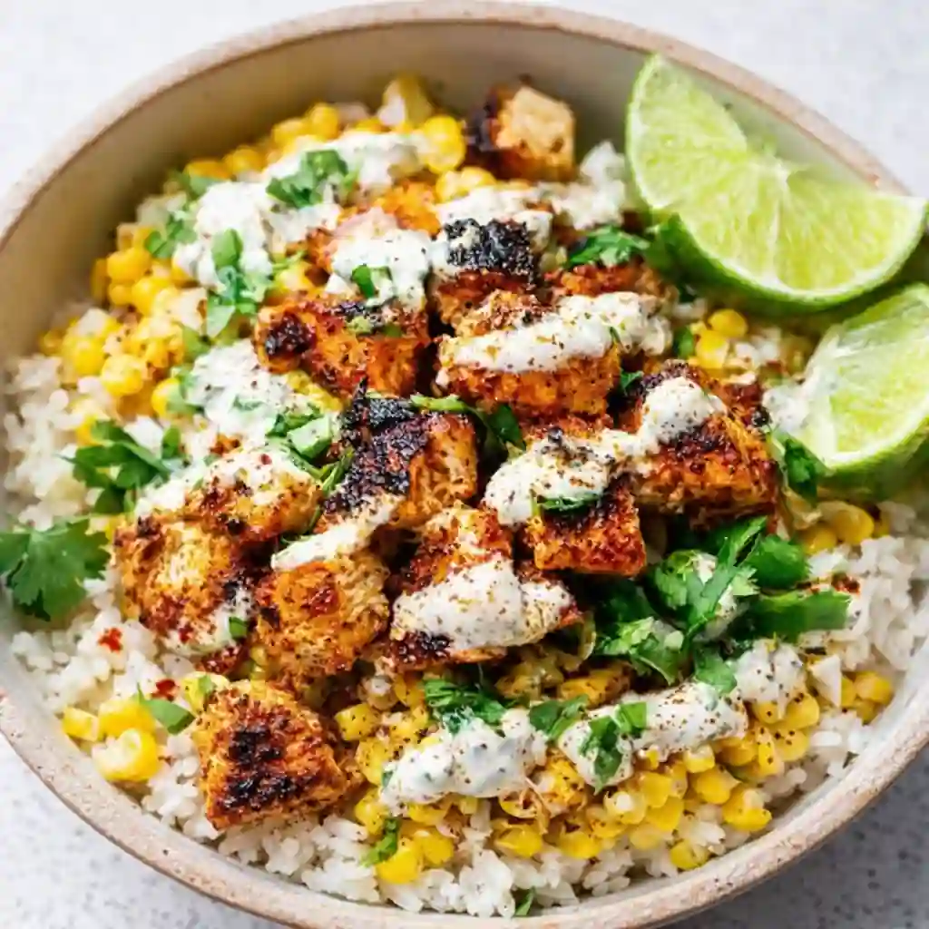 Street Corn Chicken and Rice Bowls served on white marble with creamy corn topping