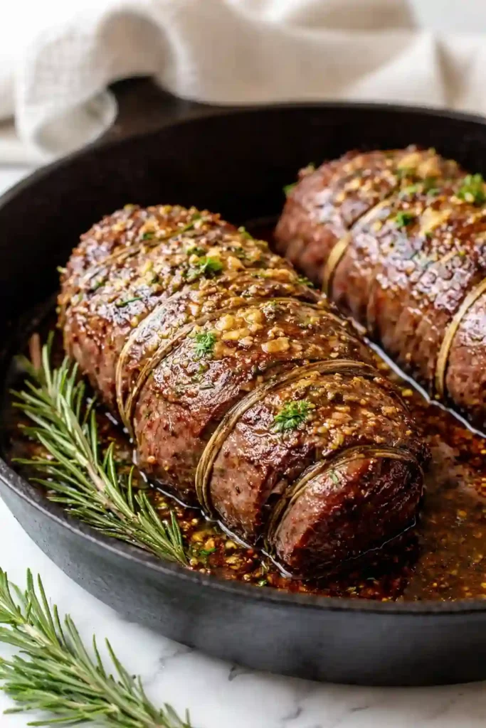 Tender Million Dollar Roast Beef Tenderloin sliced and served on a white marble platter