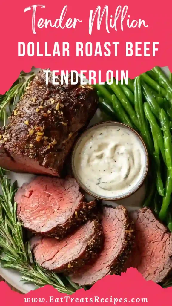 Tender Million Dollar Roast Beef Tenderloin sliced and served on a white marble platter