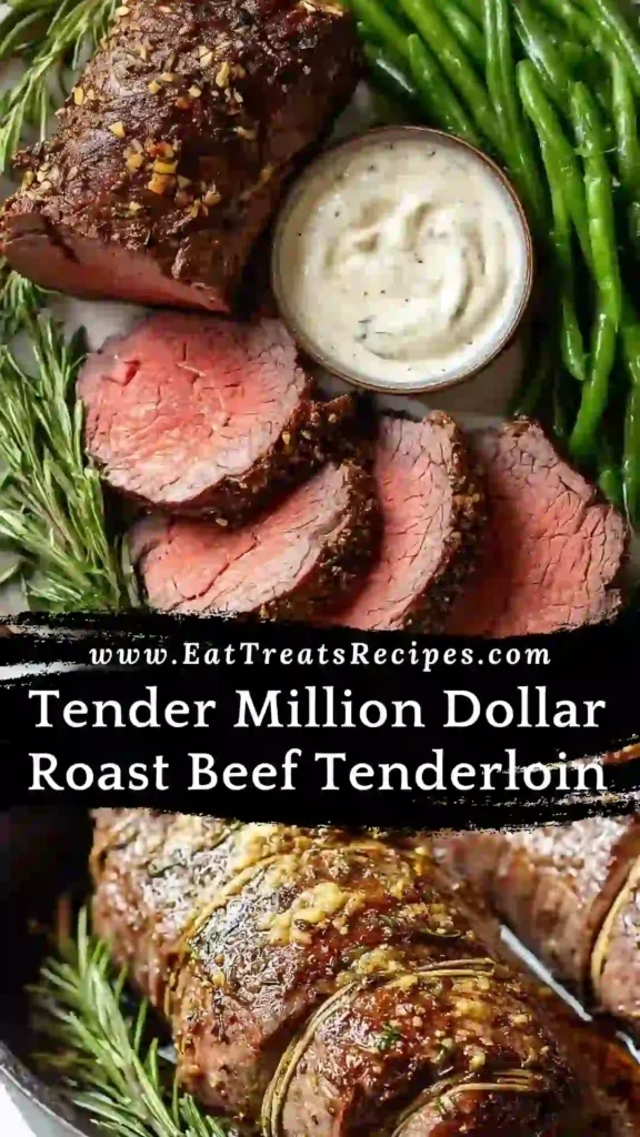 Tender Million Dollar Roast Beef Tenderloin sliced and served on a white marble platter
