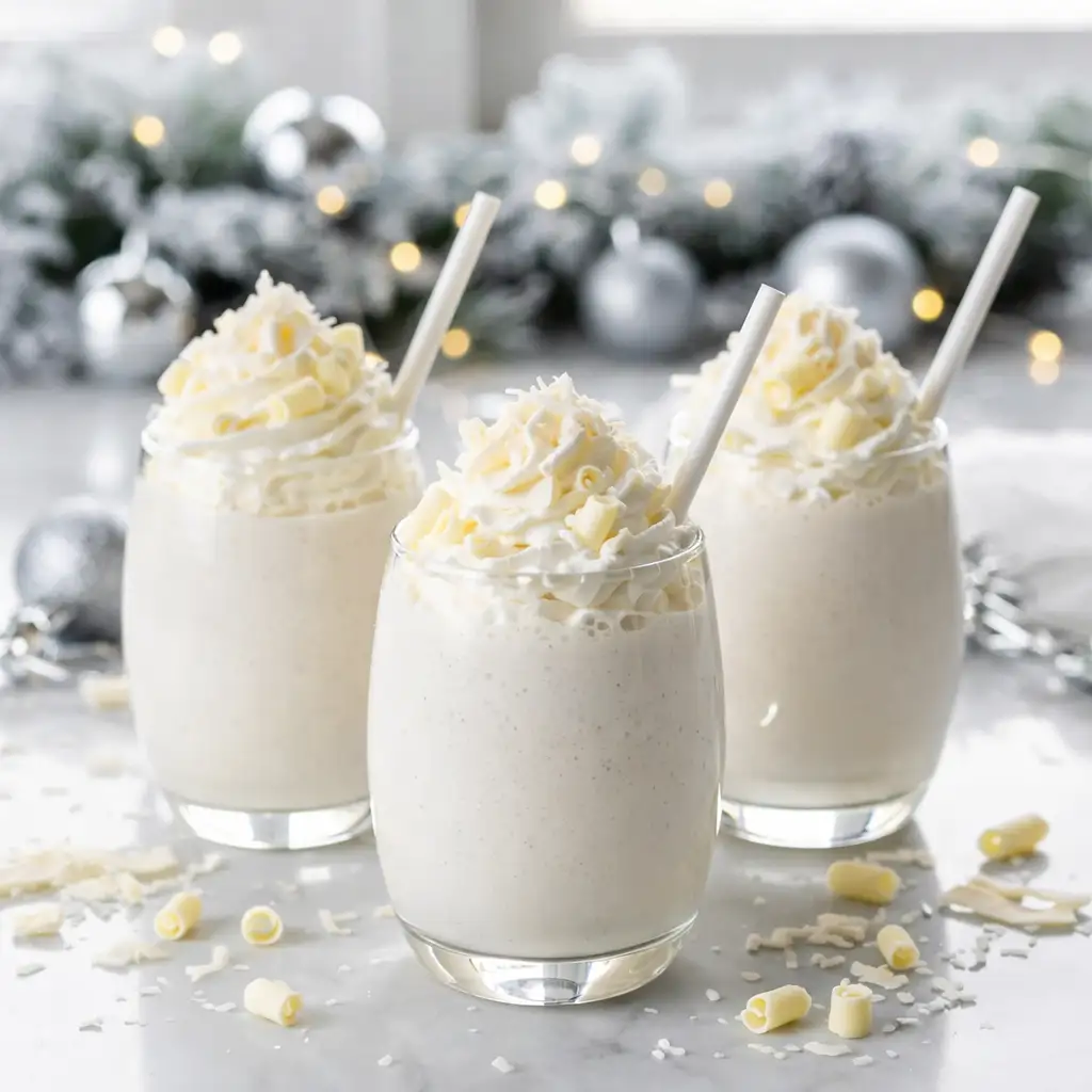 Winter Wonderland Smoothie creamy white vanilla smoothie served on white marble