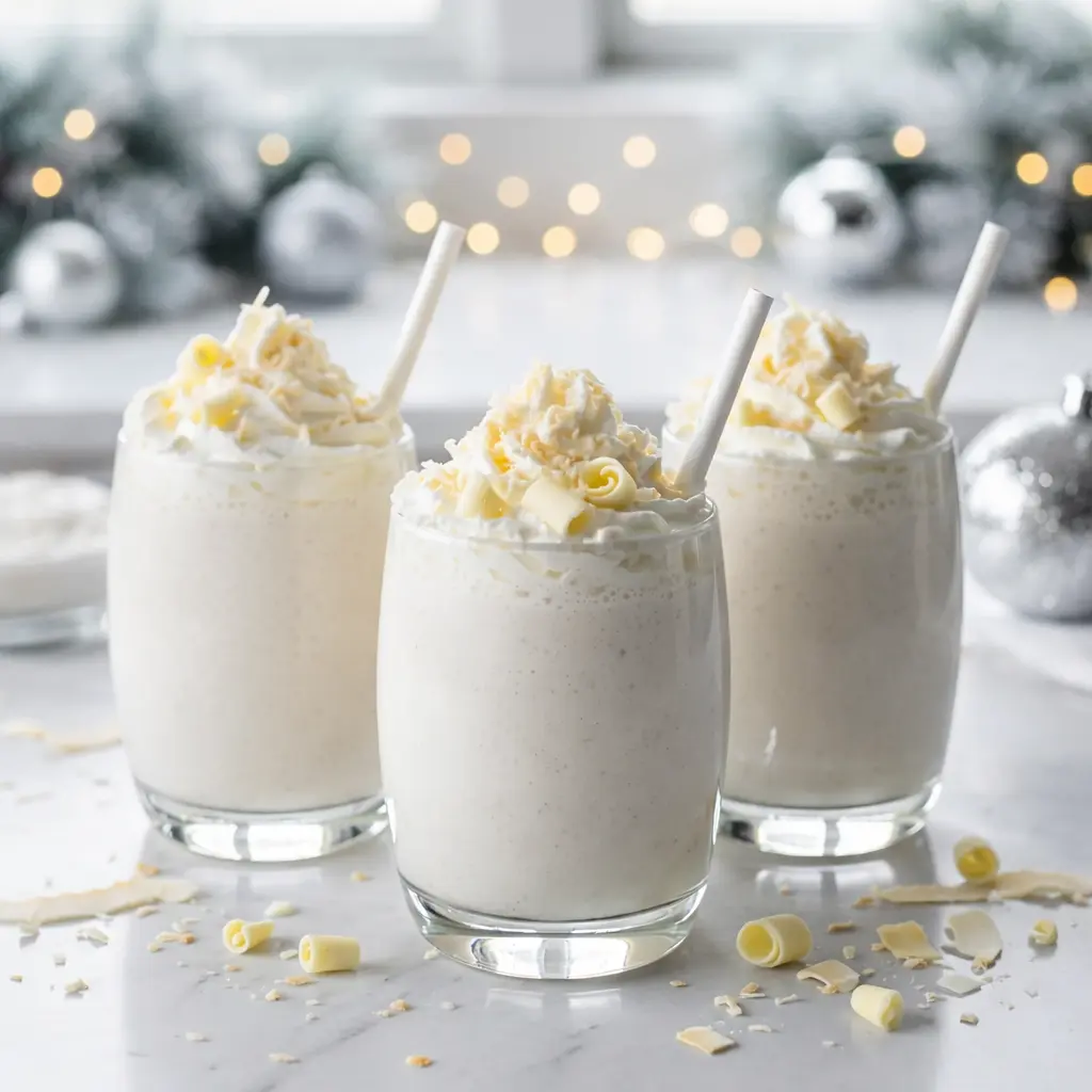 Winter Wonderland Smoothie creamy white vanilla smoothie served on white marble