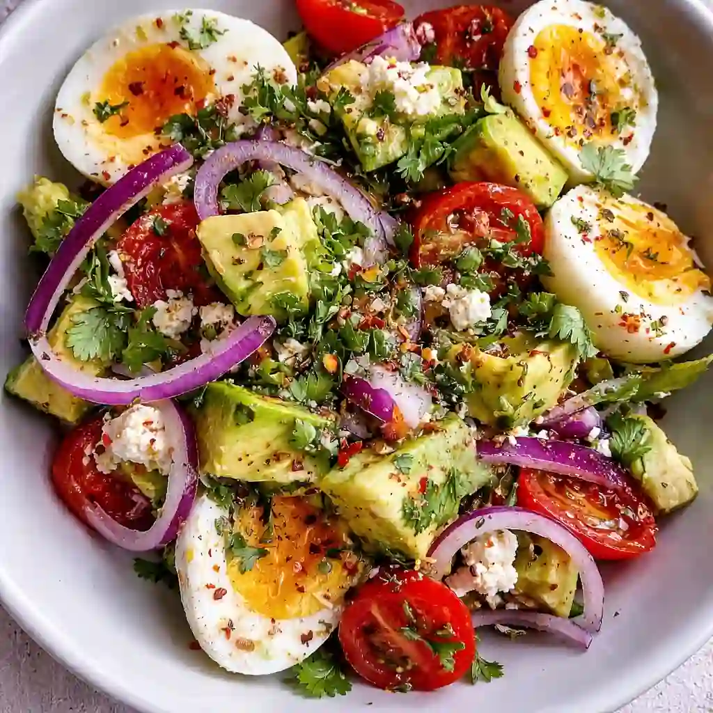 Workout egg avocado salad served fresh with lemon dressing