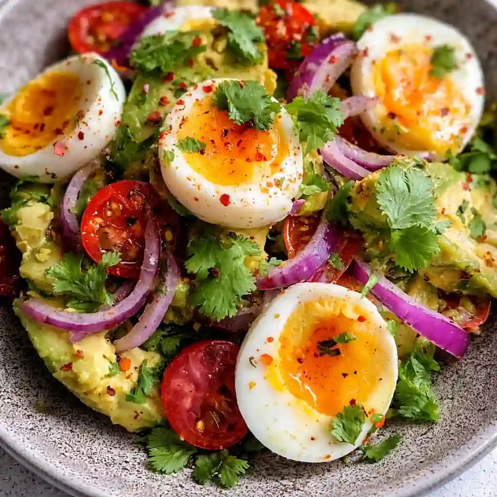 Workout egg avocado salad served fresh with lemon dressing