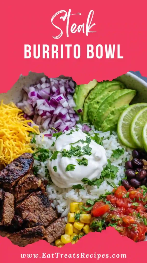 Steak burrito bowl meal prep containers with rice and steak on white marble background