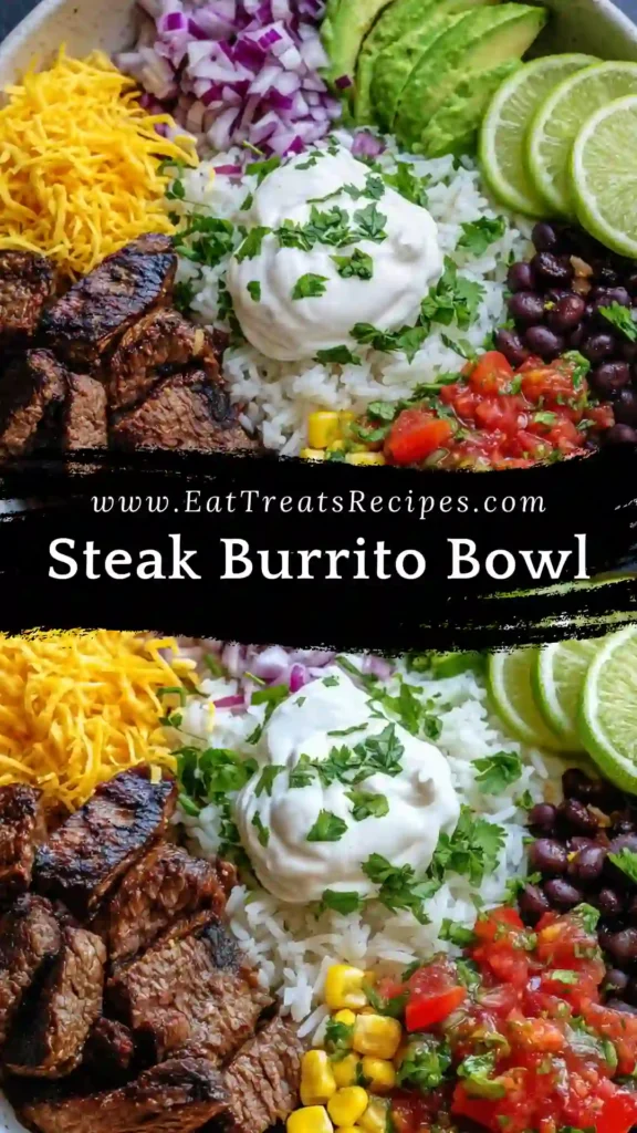 Steak burrito bowl meal prep containers with rice and steak on white marble background