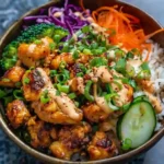 Bang Bang Chicken Bowl with tender chicken, spicy mayo sauce, and fresh vegetables on white marble