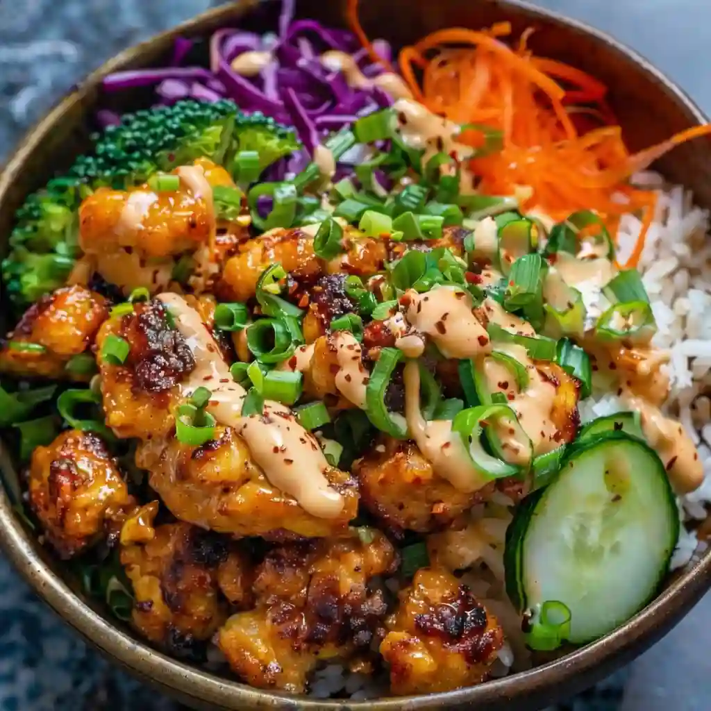 Bang Bang Chicken Bowl with tender chicken, spicy mayo sauce, and fresh vegetables on white marble