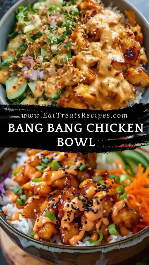 Bang Bang Chicken Bowl with tender chicken, spicy mayo sauce, and fresh vegetables on white marble
