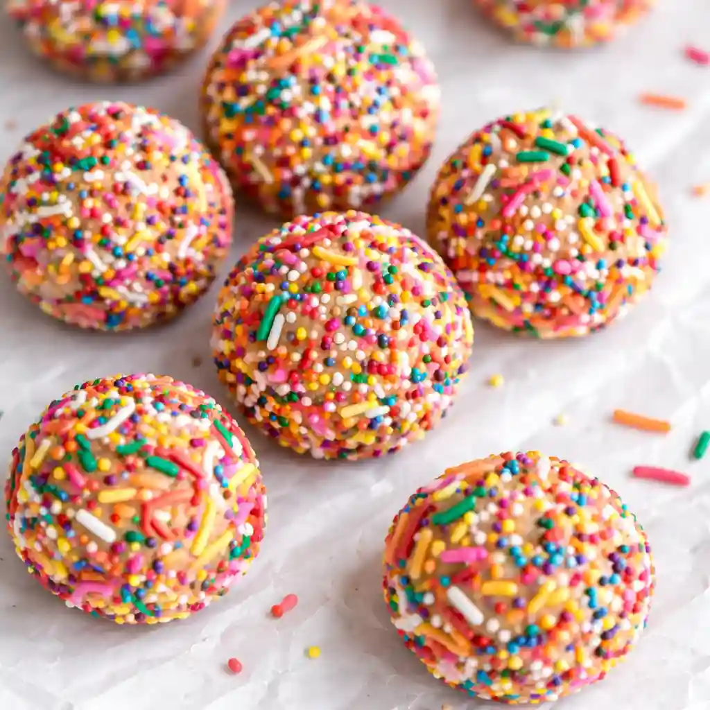 Birthday Cake Batter Protein Balls with colorful sprinkles on white marble background