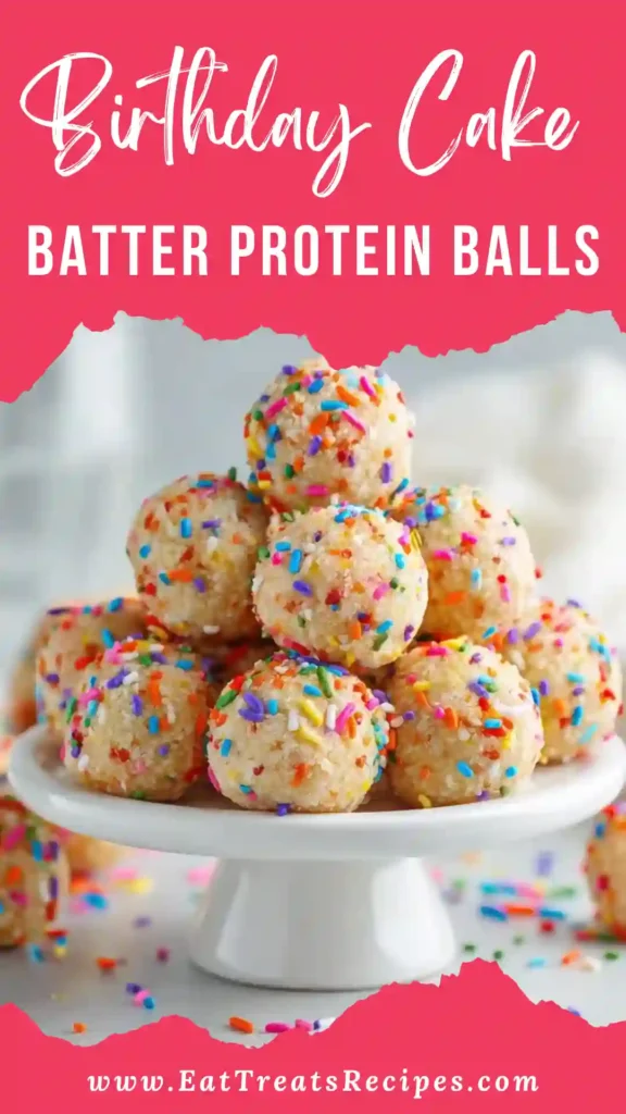 Birthday Cake Batter Protein Balls with colorful sprinkles on white marble background
