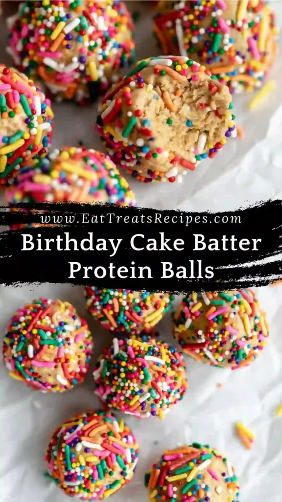Birthday Cake Batter Protein Balls with colorful sprinkles on white marble background