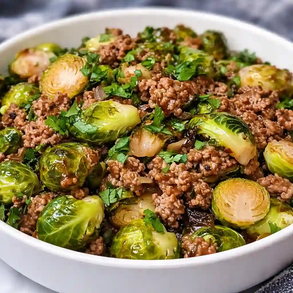 Brussels Sprouts Ground Turkey Skillet cooked in one pan on white marble background